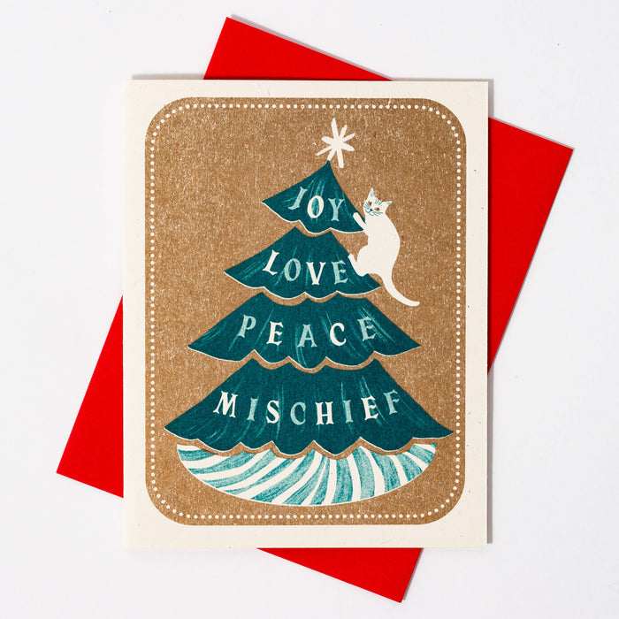 Joy Love Peace Mischief Cat - Risograph Christmas Card
