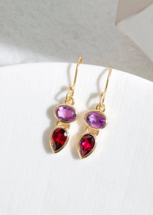 Oval-Pear Cut Gold Plated Amethyst & Garnet Drop Earrings