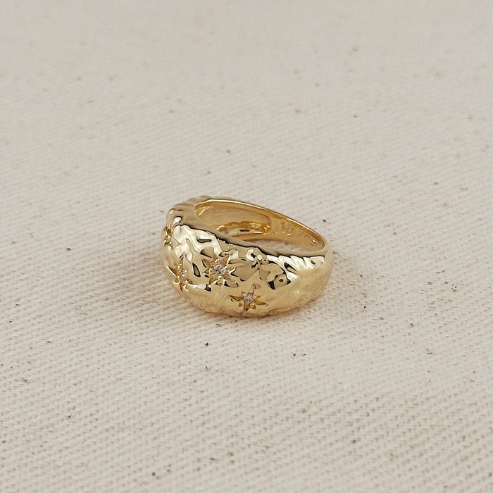 18k Gold Filled Hammered Moon Ring With CZ Stones