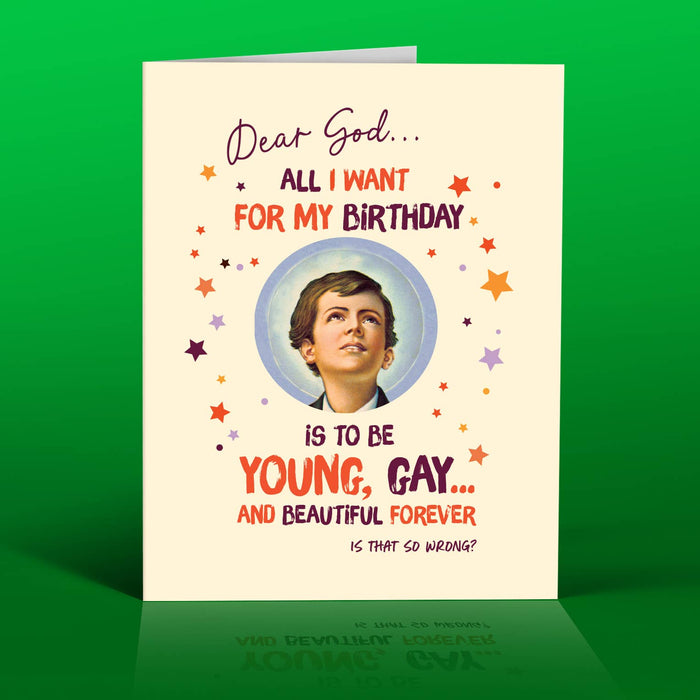 YOUNG AND GAY FOREVER gay birthday card