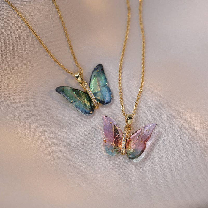 Colorful Butterfly CZ Pendant Necklace in Stainless Steel