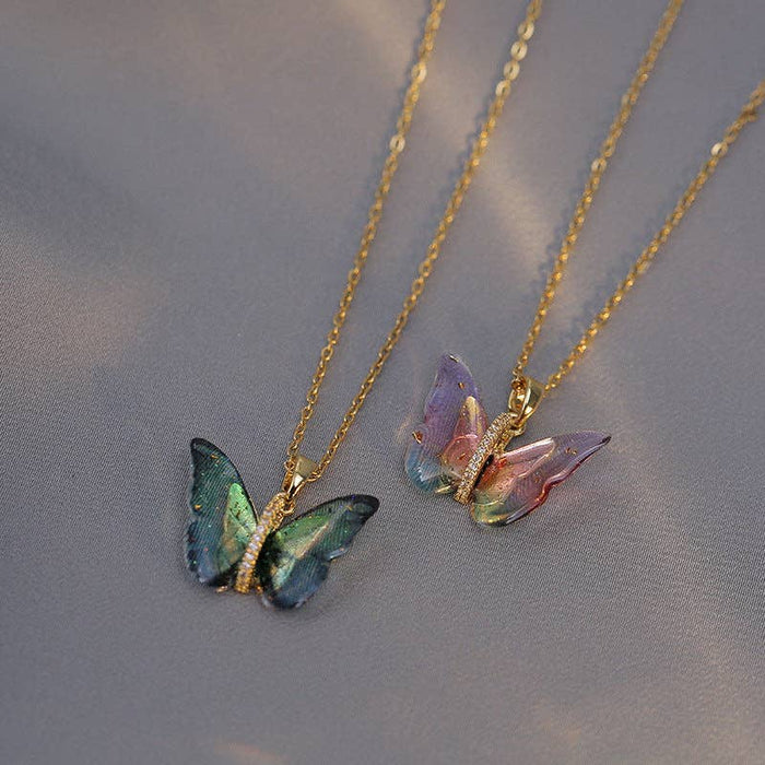 Colorful Butterfly CZ Pendant Necklace in Stainless Steel