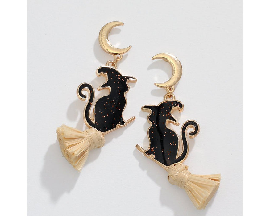 Black Cats on Broom Earrings