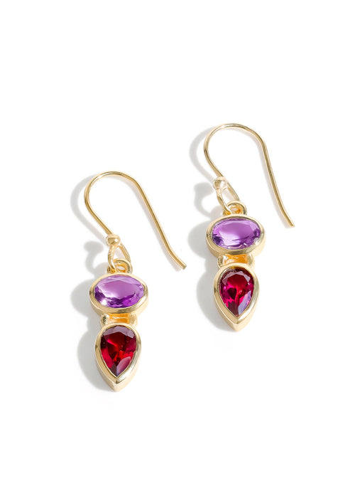Oval-Pear Cut Gold Plated Amethyst & Garnet Drop Earrings