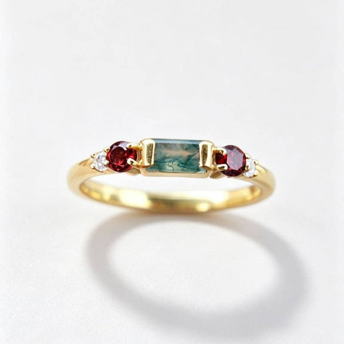Moss Agate Red Multi-Stone Band Ring in 925 Sterling Silver