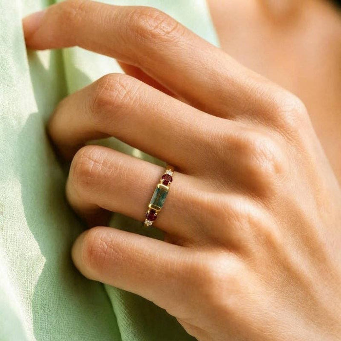 Moss Agate Red Multi-Stone Band Ring in 925 Sterling Silver
