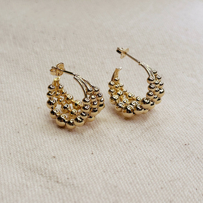18k Gold Filled Triple Line Beaded C Hoop Earrings