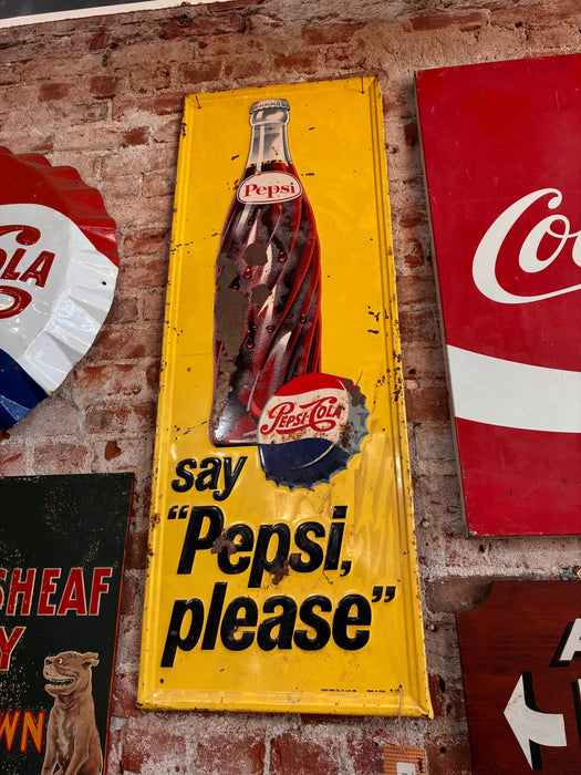 Vintage Pepsi Cola Vertical Tin Litho Bottle Sign