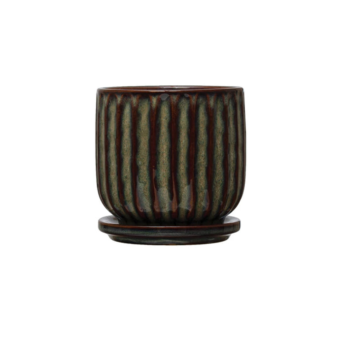 Dark Fluted Planter w/ Saucer