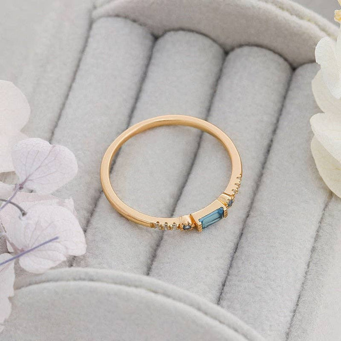 Baguette Blue CZ Stack Thin Band Ring in 925 Sterling Silver