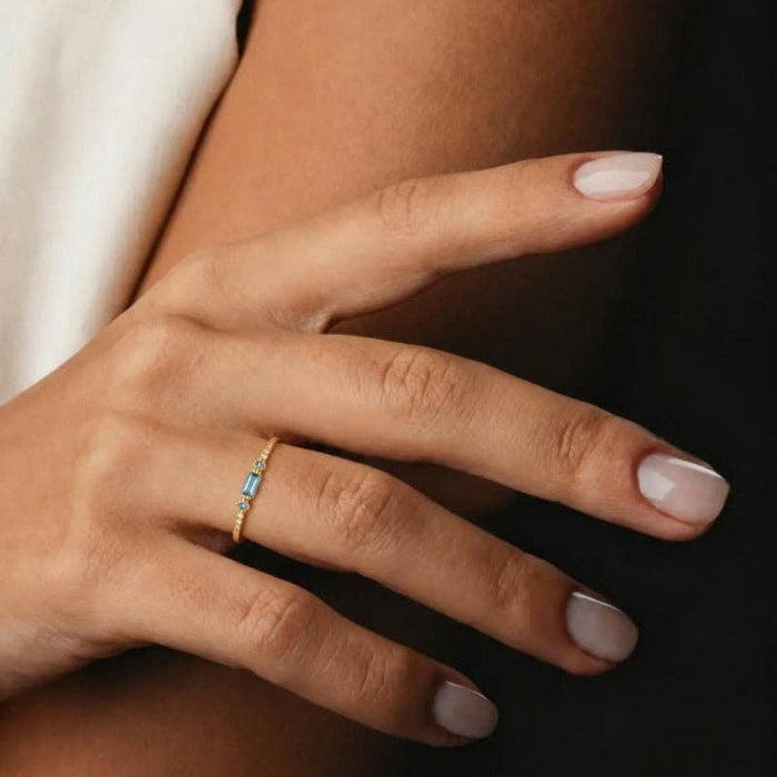 Baguette Blue CZ Stack Thin Band Ring in 925 Sterling Silver