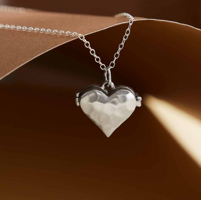 Sterling Silver Heart Locket Necklace with Hammer Finish