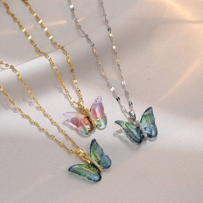 Colorful Butterfly CZ Pendant Necklace in Stainless Steel