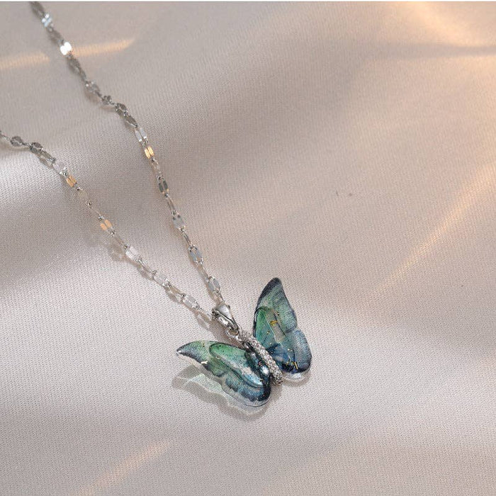 Colorful Butterfly CZ Pendant Necklace in Stainless Steel
