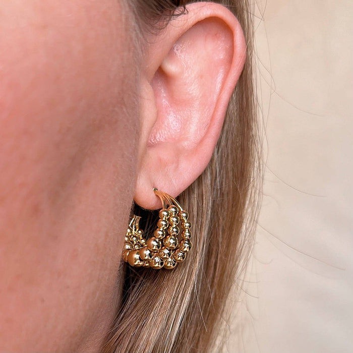 18k Gold Filled Triple Line Beaded C Hoop Earrings
