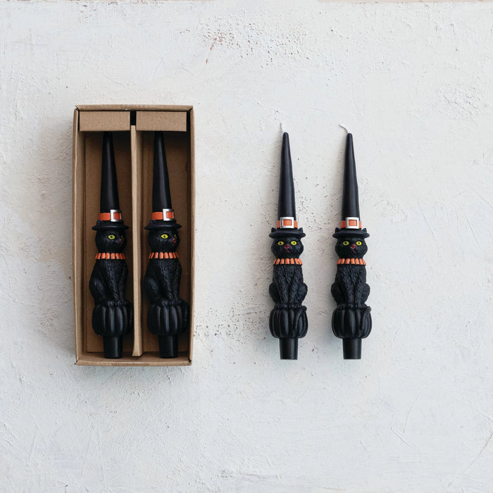 Witch Cat Taper Candles in Box - Set of Two