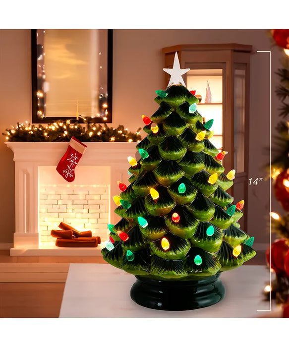 Battery Operated LED Lighted Ceramic Green Tree Table Piece