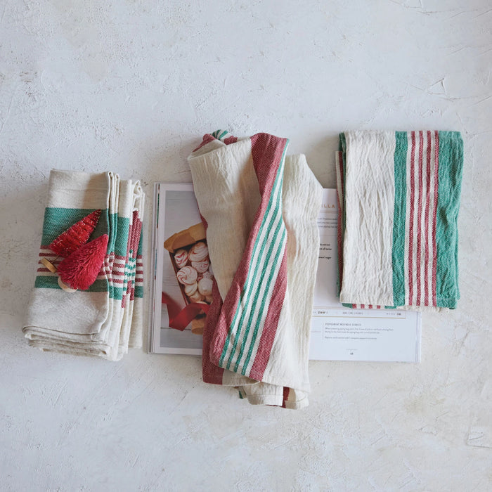 Red and Green Cotton Striped Tea Towel Set