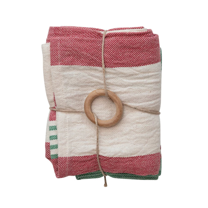 Red and Green Cotton Striped Tea Towel Set