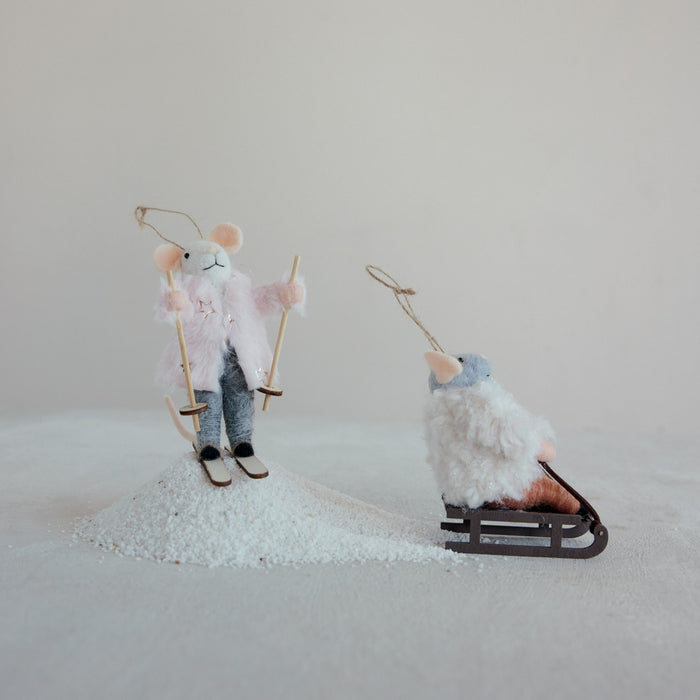Wool Felt Mouse on Sled/Skis Ornament
